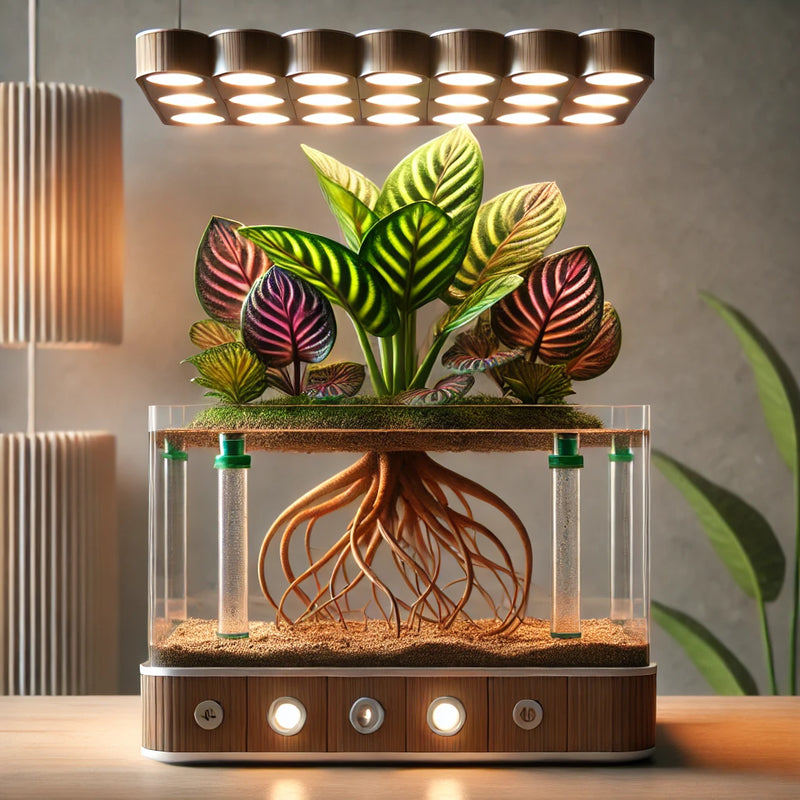 An exotic plant growing in a hydroponic environment with a grow light overhead