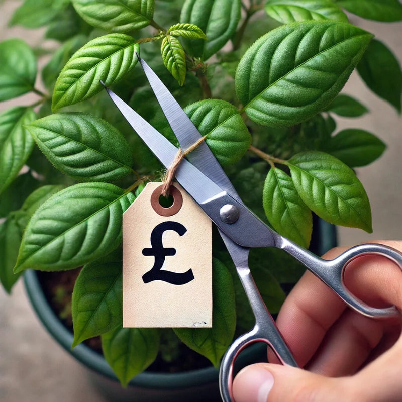 A photo of a price tag being cut off of a growing plant