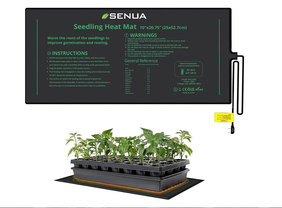 Senua Seedling Heat Mat 20W (25.4 x 52.7 cm) - Heated Propagator for Germination