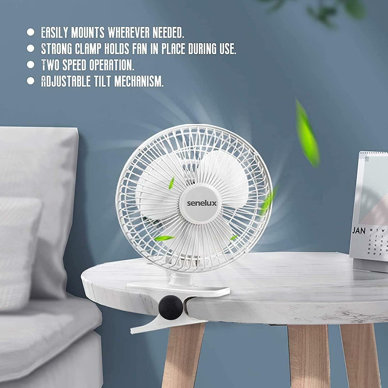 Senelux 6 inch Clip on Fan 2 Speeds Quiet Portable Air Cooling Small Electric