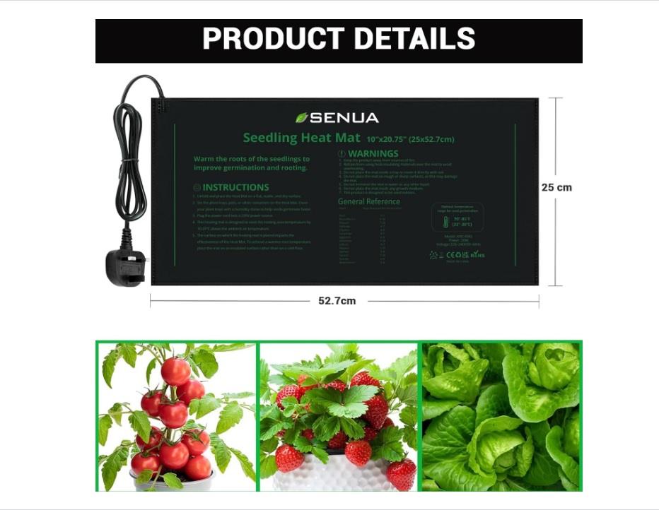 Senua Seedling Heat Mat 20W (25.4 x 52.7 cm) - Heated Propagator for Germination