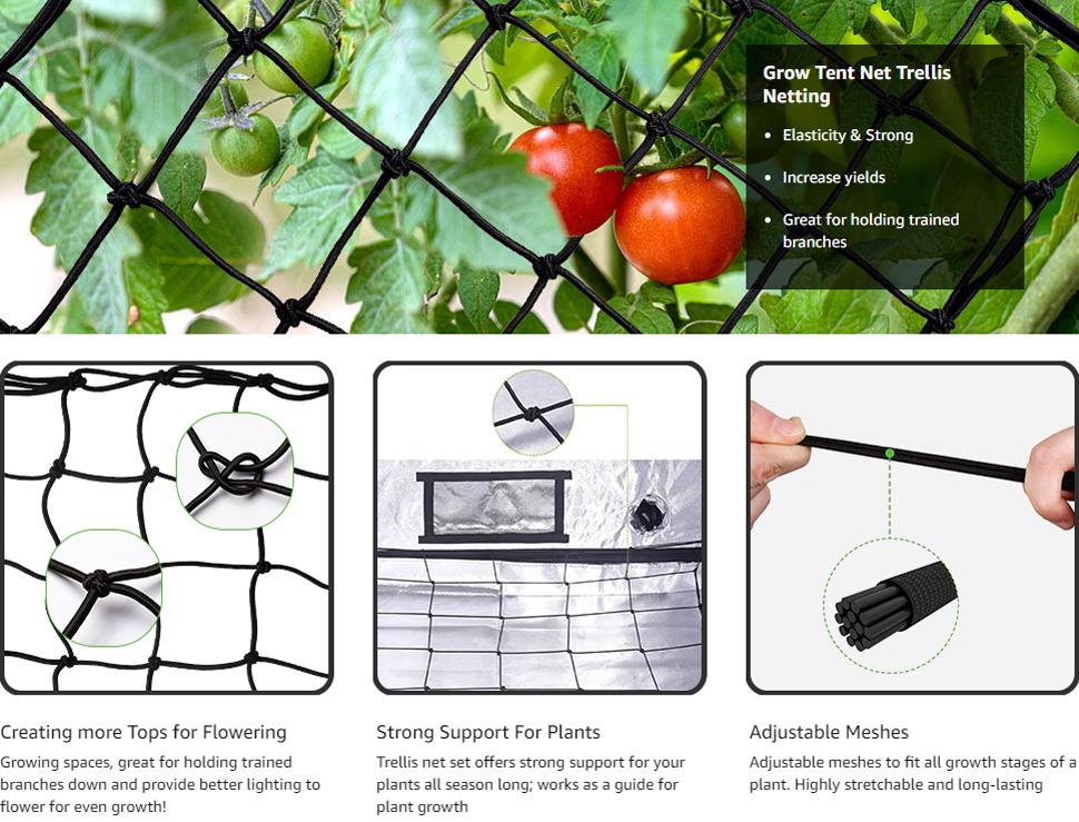 Senua Elastic Trellis - SCROG Net for Grow Tent with Steel Hooks