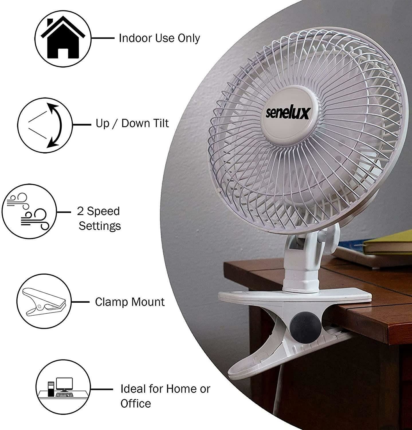 Senelux 6 inch Clip on Fan 2 Speeds Quiet Portable Air Cooling Small Electric