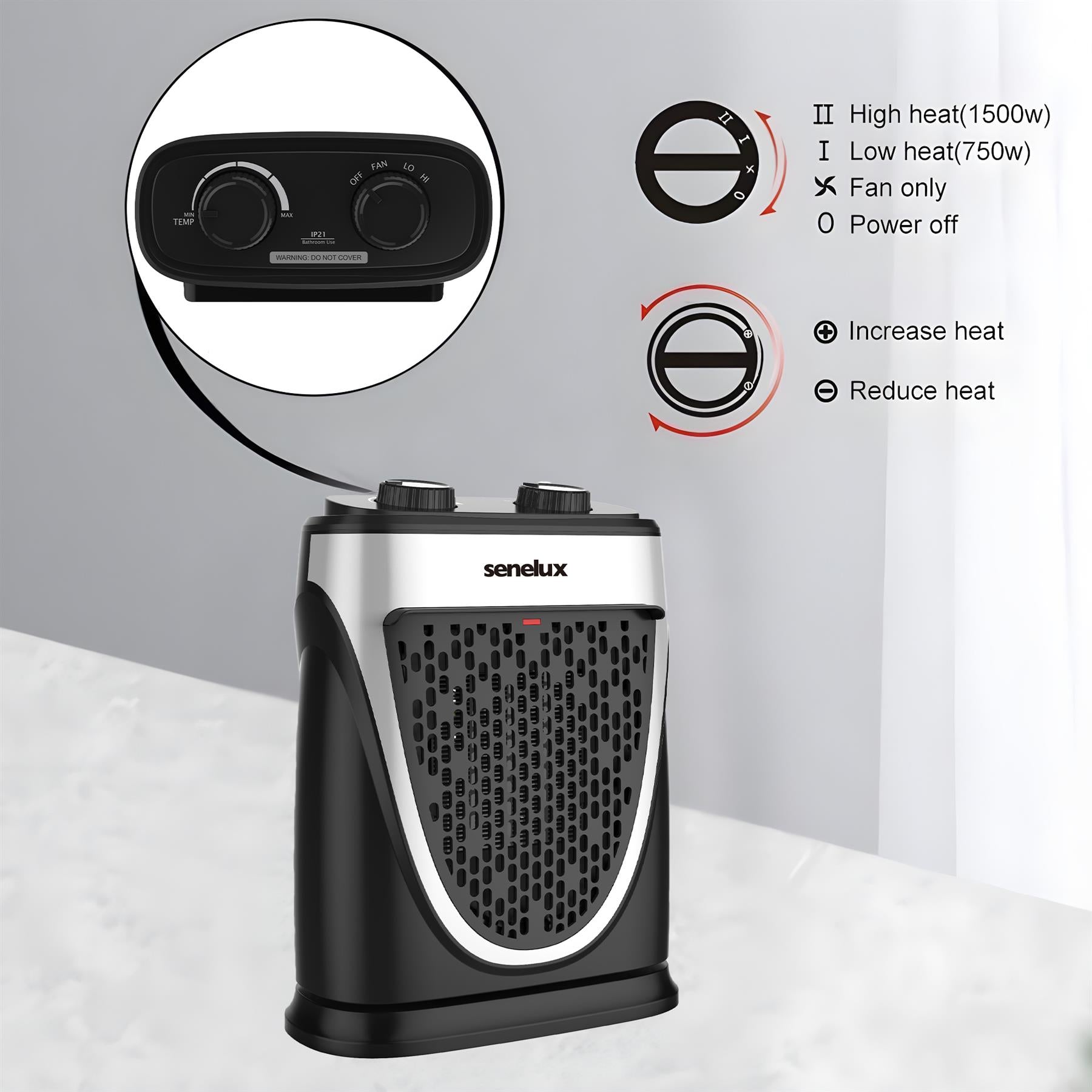 Senelux Mini Heater 1500W PTC Electric Ceramic Portable Heater with Adjustable Thermostat